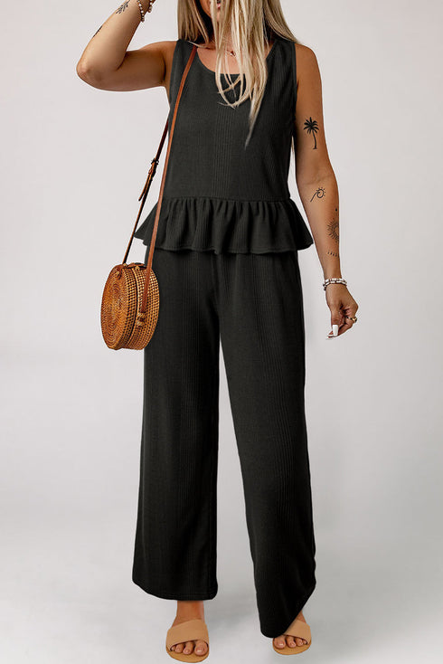 Solid Color Ribbed Ruffle Tank Top and Pants Set